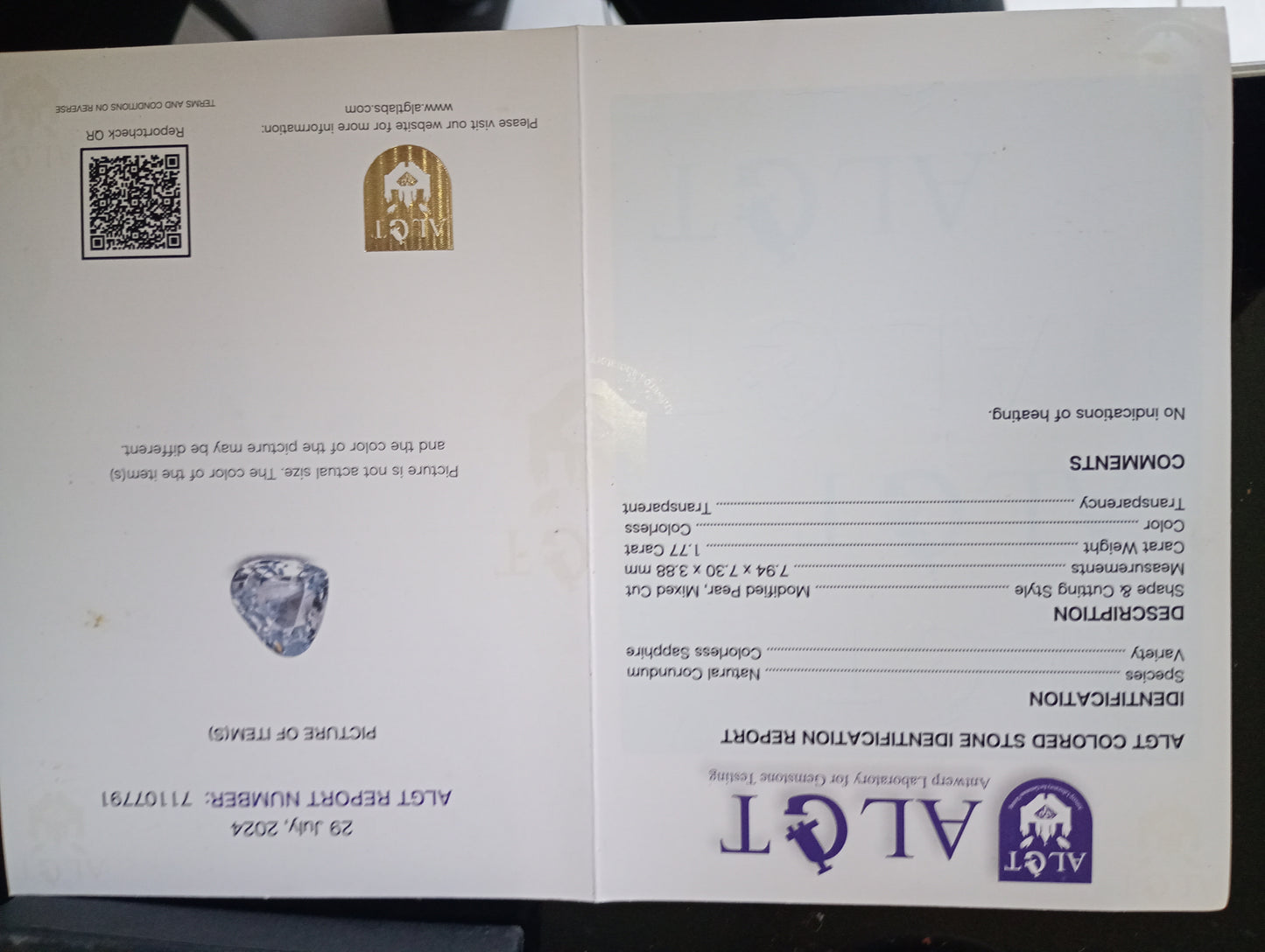 Saphir Incolore Naturel - 1.77 Carat (Certifié ALGT)